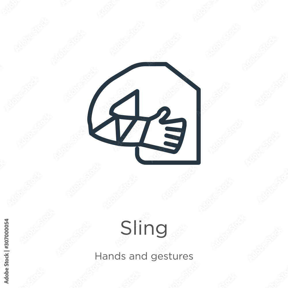 Poster sling icon. thin linear sling outline icon isolated on white background from hands and gestures coll