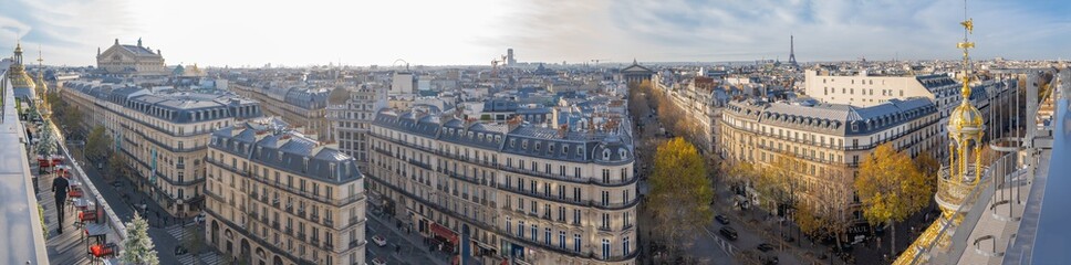 Paris, France - 11 30 2019: Boulevard Haussmann. Panoramic view of Paris from the roofs of...