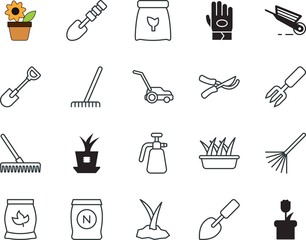 gardening vector icon set such as: fork, toxic, network, clip, digging, digger, compressor, lawnmower, botanic, cutting, mowing, safety, working, badge, cart, wave, bloom, lawn, shoveling, shovel