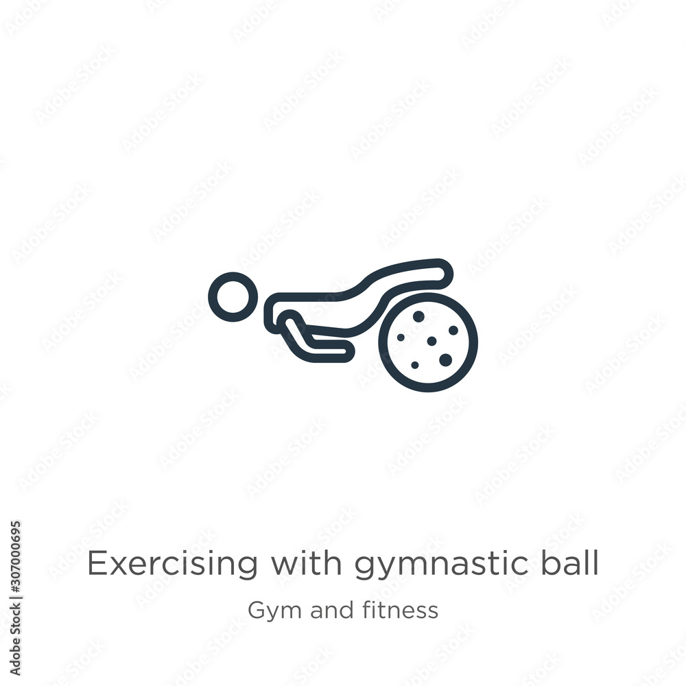 Poster exercising with gymnastic ball icon. thin linear exercising with gymnastic ball outline icon isolate