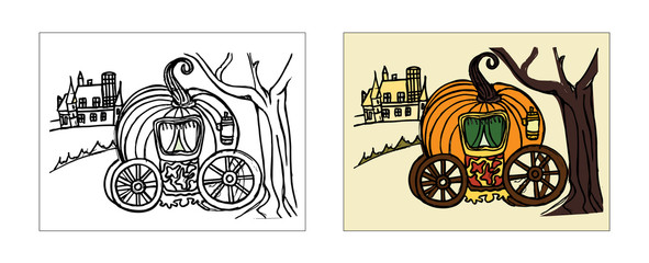 Tale Pumpkin Cart coloring book design with monochrome and colored versions. Freehand sketch for adult anti stress coloring book page with doodle elements. Vector Illustrations for kids book.