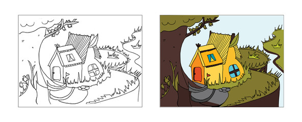 House coloring book design with monochrome and colored versions. Freehand sketch for adult anti stress coloring book page with doodle elements. Vector Illustrations for kids book.