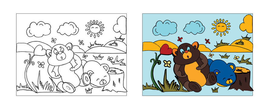 Baby Bears coloring book design with monochrome and colored versions. Freehand sketch for adult anti stress coloring book page with doodle elements. Vector Illustrations for kids book.