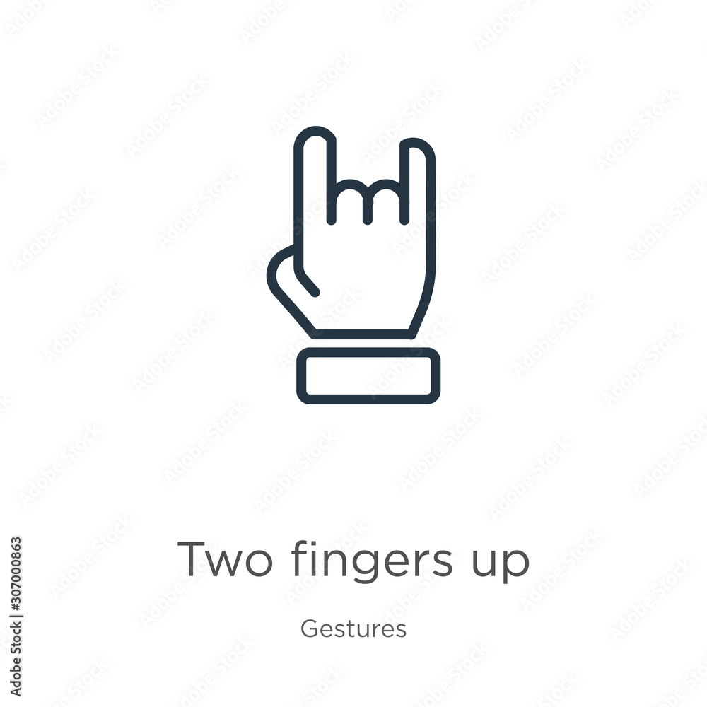 Poster two fingers up icon. thin linear two fingers up outline icon isolated on white background from gestu