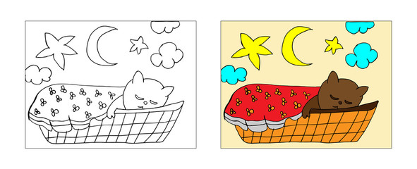 Cat sleeping coloring book design with monochrome and colored versions. Freehand sketch for adult anti stress coloring book page with doodle elements. Vector Illustrations for kids book.
