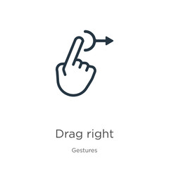 Drag right icon. Thin linear drag right outline icon isolated on white background from gestures collection. Line vector drag right sign, symbol for web and mobile