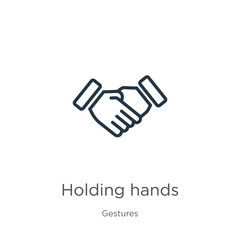 Holding hands icon. Thin linear holding hands outline icon isolated on white background from gestures collection. Line vector holding hands sign, symbol for web and mobile