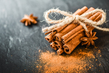 Cinnamon bunch on black stone table with powder, anise and back light.