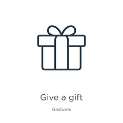 Give a gift icon. Thin linear give a gift outline icon isolated on white background from gestures collection. Line vector give a gift sign, symbol for web and mobile