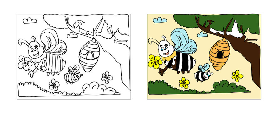 Happy smiling bee coloring book design with monochrome and colored versions. Freehand sketch for adult anti stress coloring book page with doodle elements. Vector Illustrations for kids book.