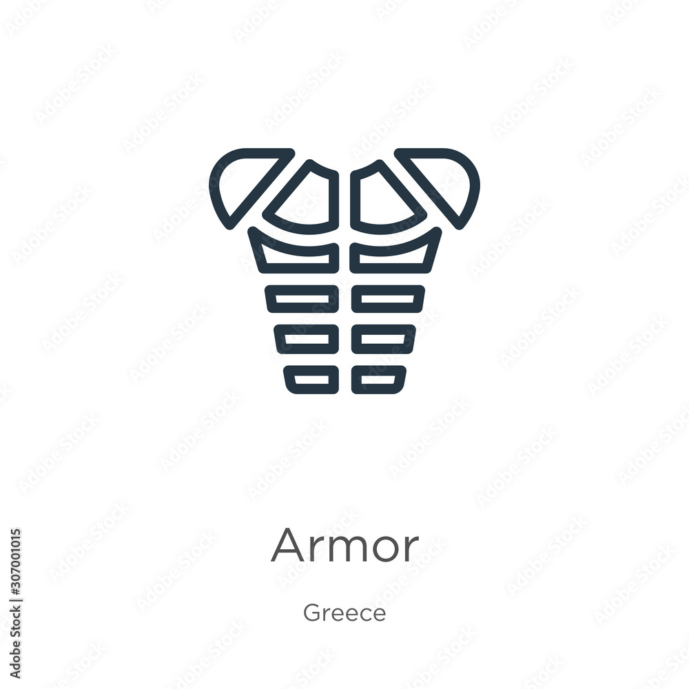 Poster armor icon. thin linear armor outline icon isolated on white background from greece collection. line