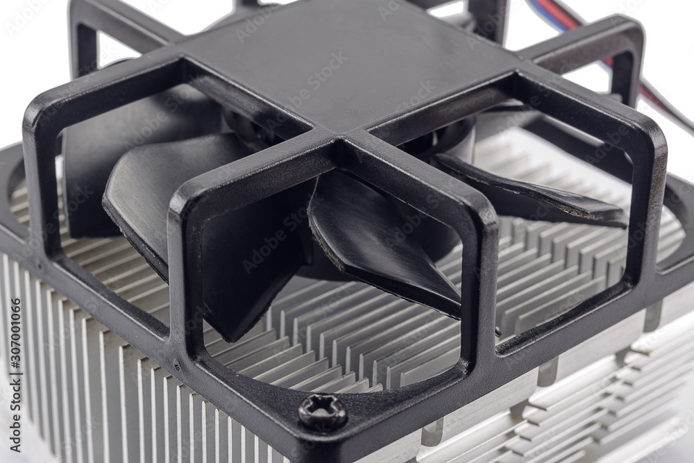 Poster computer cpu cooling system. fan and radiator isolated on white background