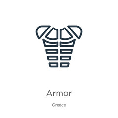 Armor icon. Thin linear armor outline icon isolated on white background from greece collection. Line vector armor sign, symbol for web and mobile