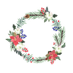 Watercolor wreath with fir branches, red berry, Christmas elements. Circle frame winter design for Happy New Year and Christmas print, wallpaper, textile