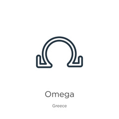 Omega icon. Thin linear omega outline icon isolated on white background from greece collection. Line vector omega sign, symbol for web and mobile