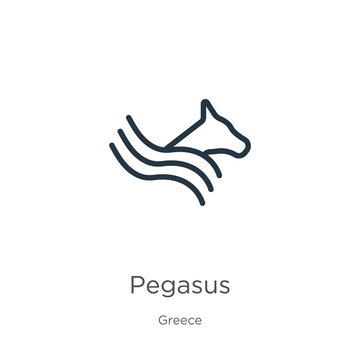 Pegasus icon. Thin linear pegasus outline icon isolated on white background from greece collection. Line vector pegasus sign, symbol for web and mobile