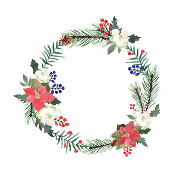Watercolor wreath with fir branches, red berry, Christmas elements. Circle frame winter design for Happy New Year and Christmas print, wallpaper, textile