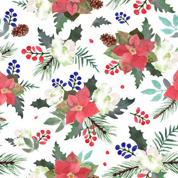 Watercolor seamless pattern with fir branches, red berry, poinsettia, Christmas elements. Winter background design for Happy New Year and Christmas print, wallpaper, textile