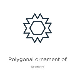 Polygonal ornament of hexagons and triangles icon. Thin linear polygonal ornament of hexagons and triangles outline icon isolated on white background from geometry collection. Line vector polygonal