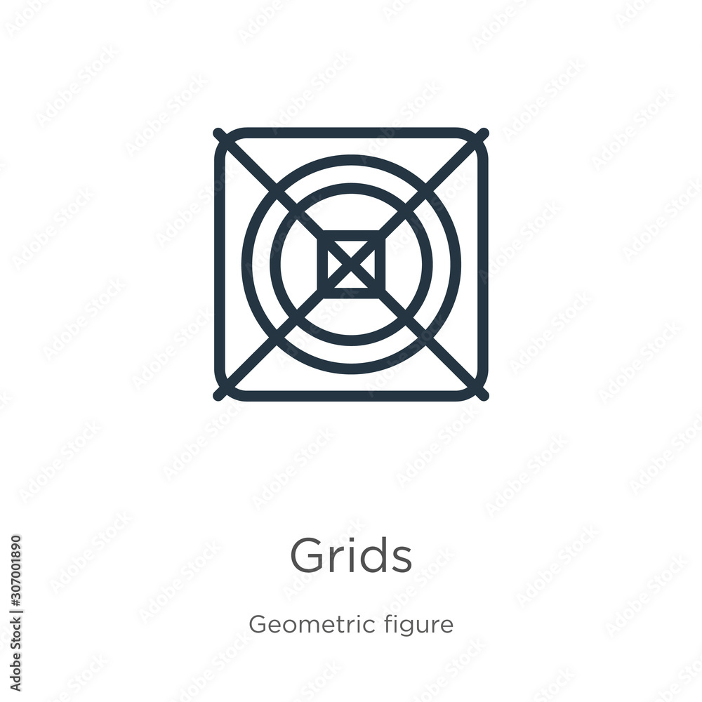 Poster grids icon. thin linear grids outline icon isolated on white background from geometric figure collec