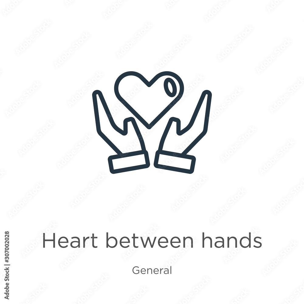 Poster heart between hands icon. thin linear heart between hands outline icon isolated on white background 
