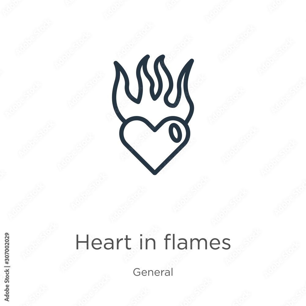 Aufkleber heart in flames icon. thin linear heart in flames outline icon isolated on white background from gen