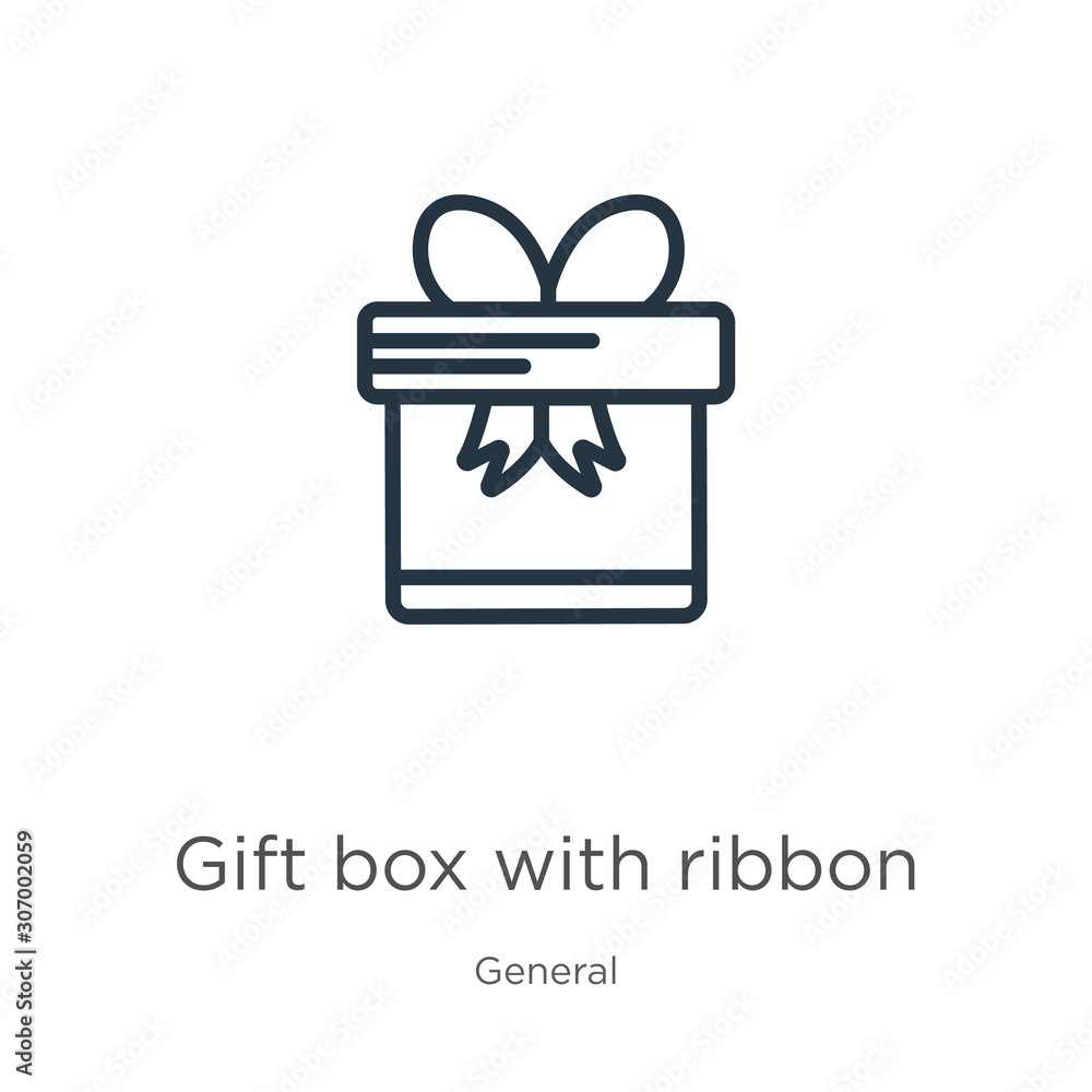 Poster gift box with ribbon icon. thin linear gift box with ribbon outline icon isolated on white backgroun
