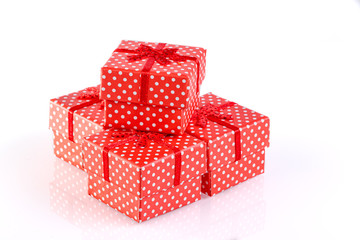 beautiful new year red gift boxes on white background