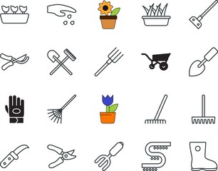 gardening vector icon set such as: dirt, connect, glove, weather, knife, earth, clean, seeds, trendy, rain, pitch, accessory, sprayer, autumn, new, household, foot, seeding, cart, protective, closeup
