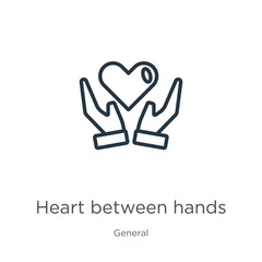 Heart between hands icon. Thin linear heart between hands outline icon isolated on white background from general collection. Line vector heart between hands sign, symbol for web and mobile
