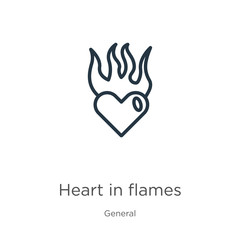 Heart in flames icon. Thin linear heart in flames outline icon isolated on white background from general collection. Line vector heart in flames sign, symbol for web and mobile