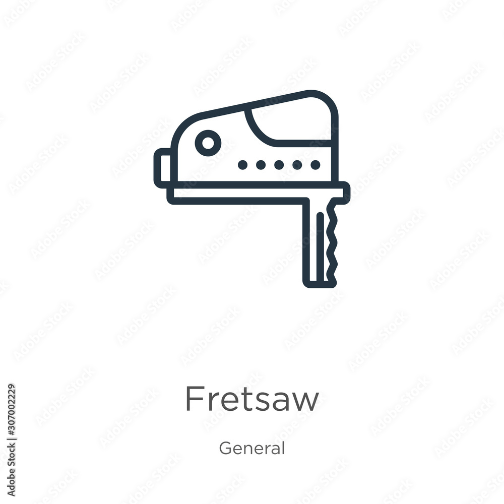 Poster fretsaw icon. thin linear fretsaw outline icon isolated on white background from general collection.