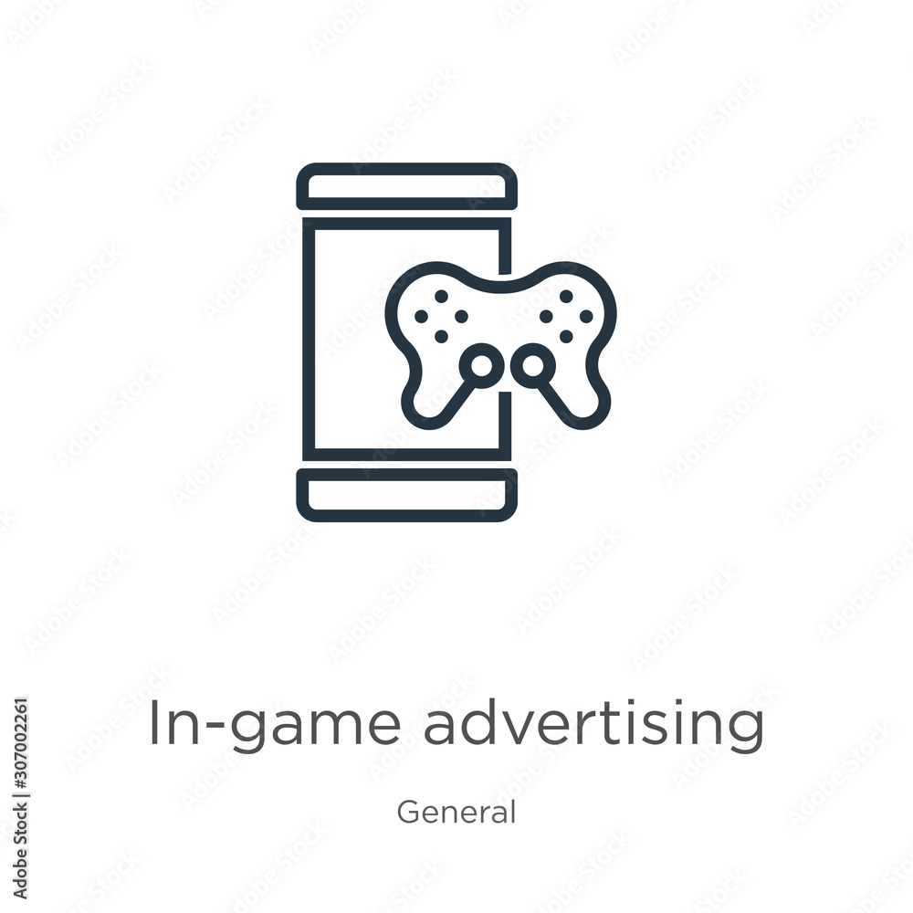 Poster in-game advertising icon. thin linear in-game advertising outline icon isolated on white background 