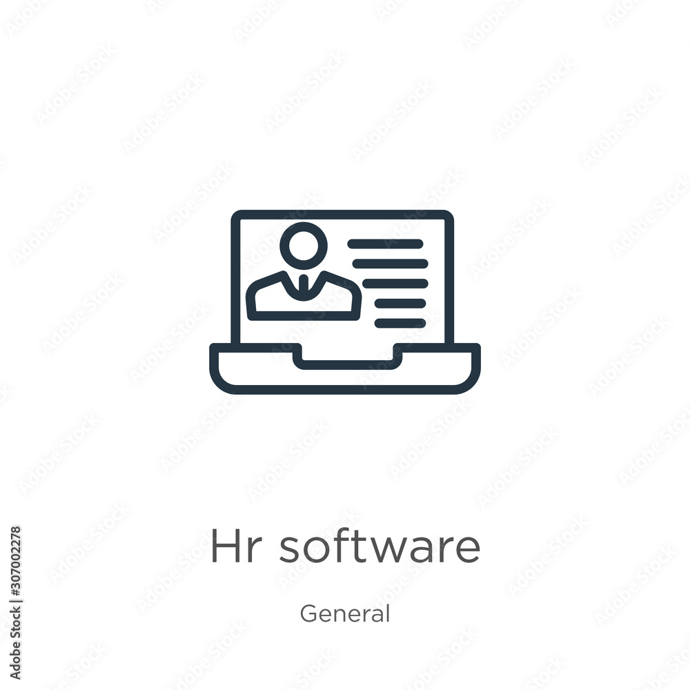 Poster hr software icon. thin linear hr software outline icon isolated on white background from general col