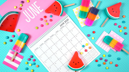 On-trend 2020 calendar page for the month of June modern flat lay with seasonal food, candy and colorful decorations in popular pastel colors. One of a series for 12 months of the year. - obrazy, fototapety, plakaty