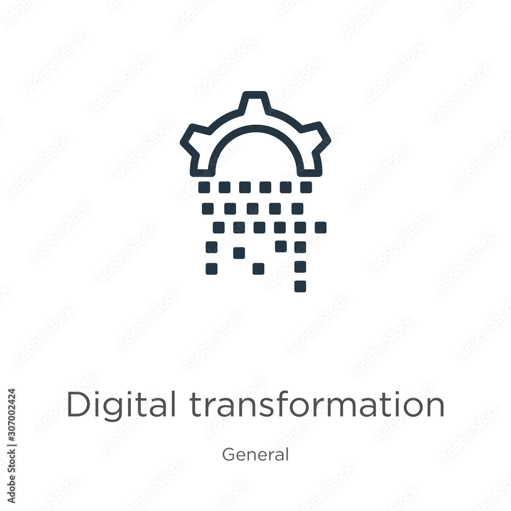 Poster digital transformation icon. thin linear digital transformation outline icon isolated on white backg