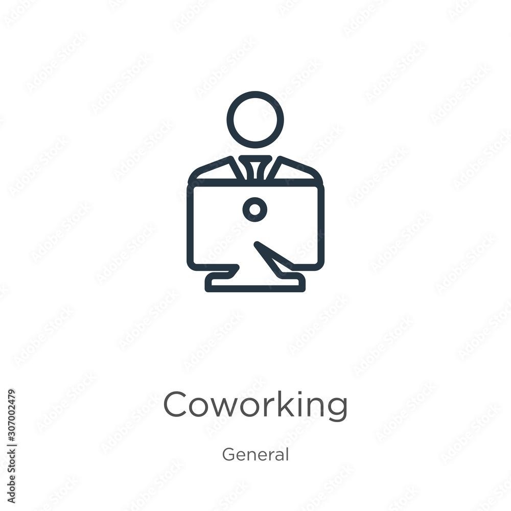 Poster coworking icon. thin linear coworking outline icon isolated on white background from general collect