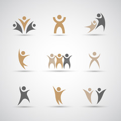 Abstract People Logo Set. Human Figure Isolated On Gray Background. Icons Collection For Human Success, Celebration Logo, Achievement Symbol And Activity. Different Happy People. Figure Logo, Vector