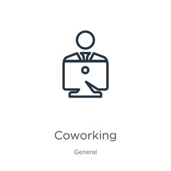 Coworking icon. Thin linear coworking outline icon isolated on white background from general collection. Line vector coworking sign, symbol for web and mobile