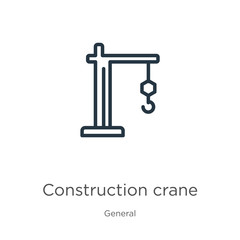 Construction crane icon. Thin linear construction crane outline icon isolated on white background from general collection. Line vector construction crane sign, symbol for web and mobile