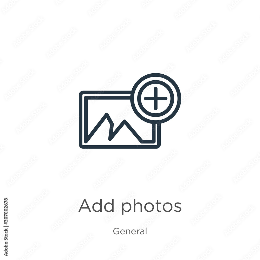 Poster add photos icon. thin linear add photos outline icon isolated on white background from general colle
