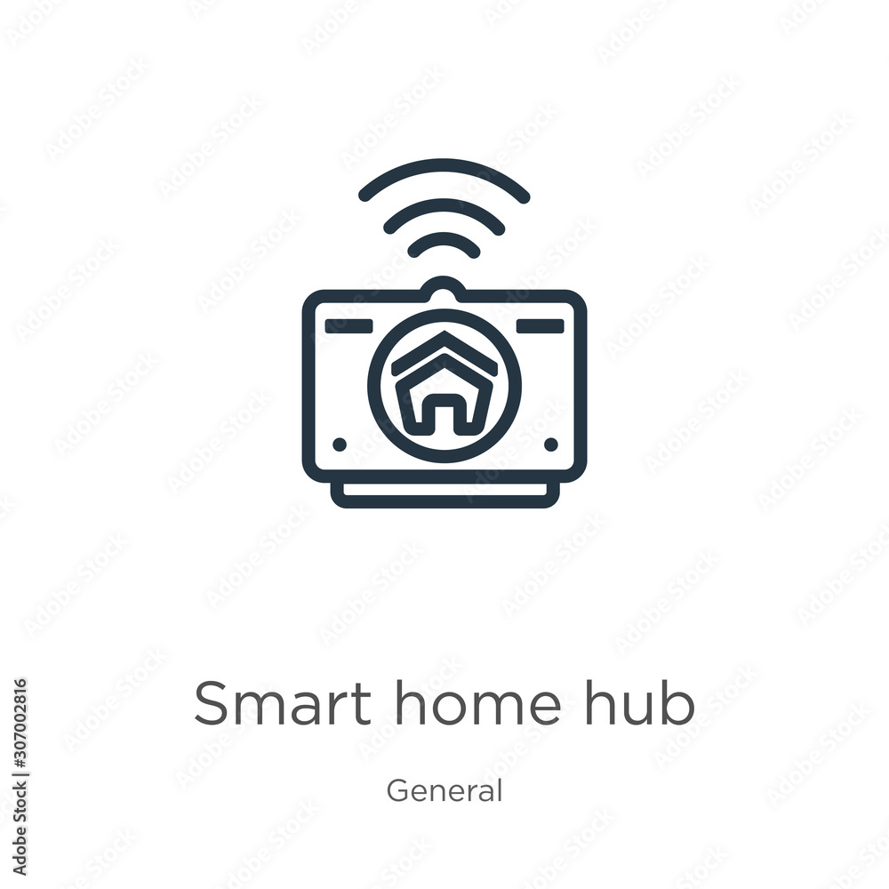 Poster smart home hub icon. thin linear smart home hub outline icon isolated on white background from gener