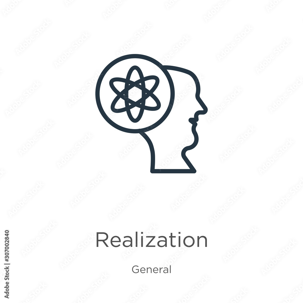 Poster realization icon. thin linear realization outline icon isolated on white background from general col