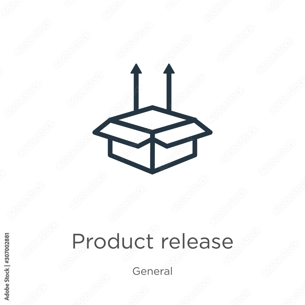 Poster product release icon. thin linear product release outline icon isolated on white background from gen