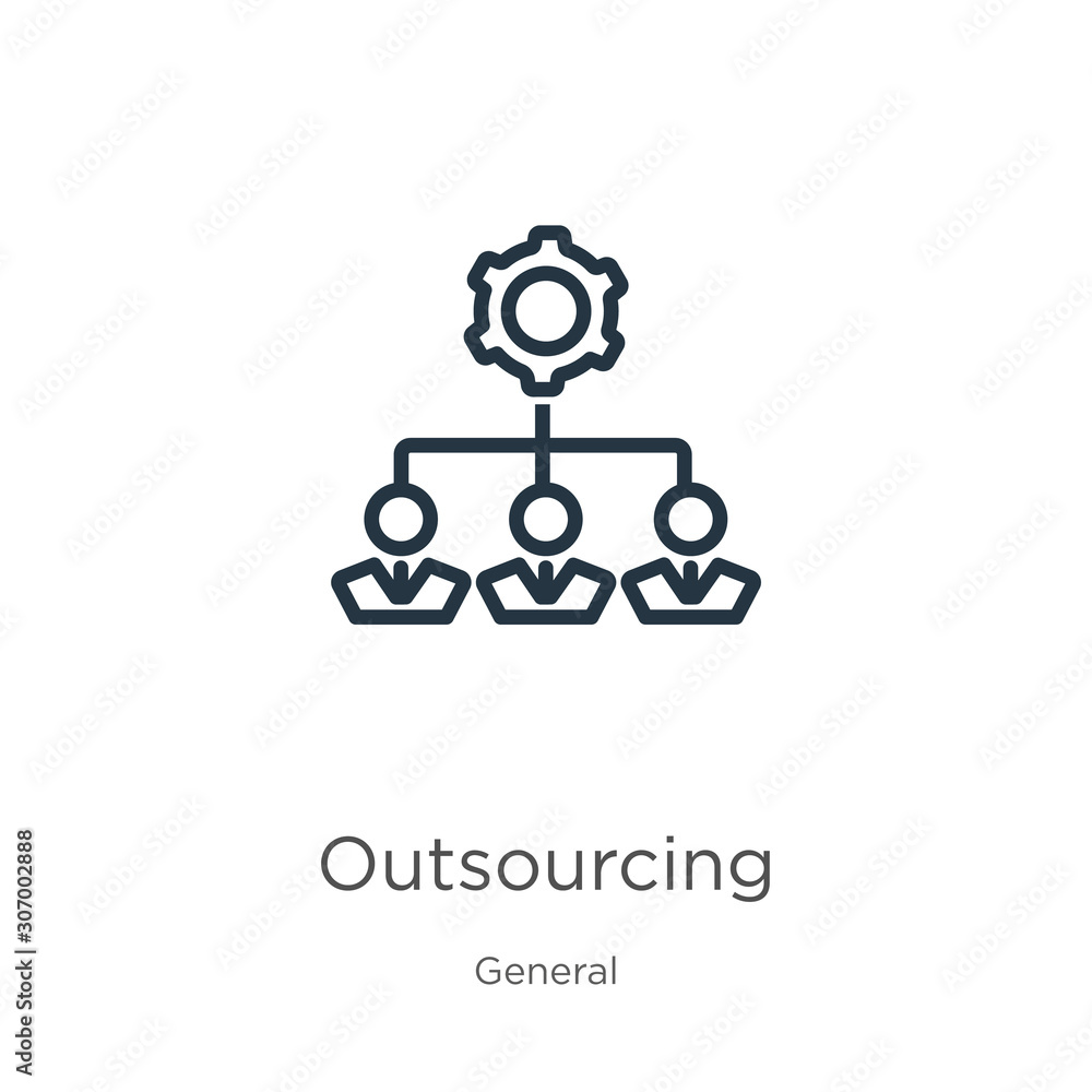 Poster outsourcing icon. thin linear outsourcing outline icon isolated on white background from general col