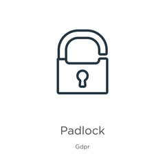 Padlock icon. Thin linear padlock outline icon isolated on white background from gdpr collection. Line vector padlock sign, symbol for web and mobile