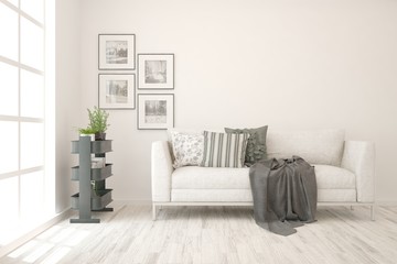 Stylish room in white color with sofa. Scandinavian interior design. 3D illustration