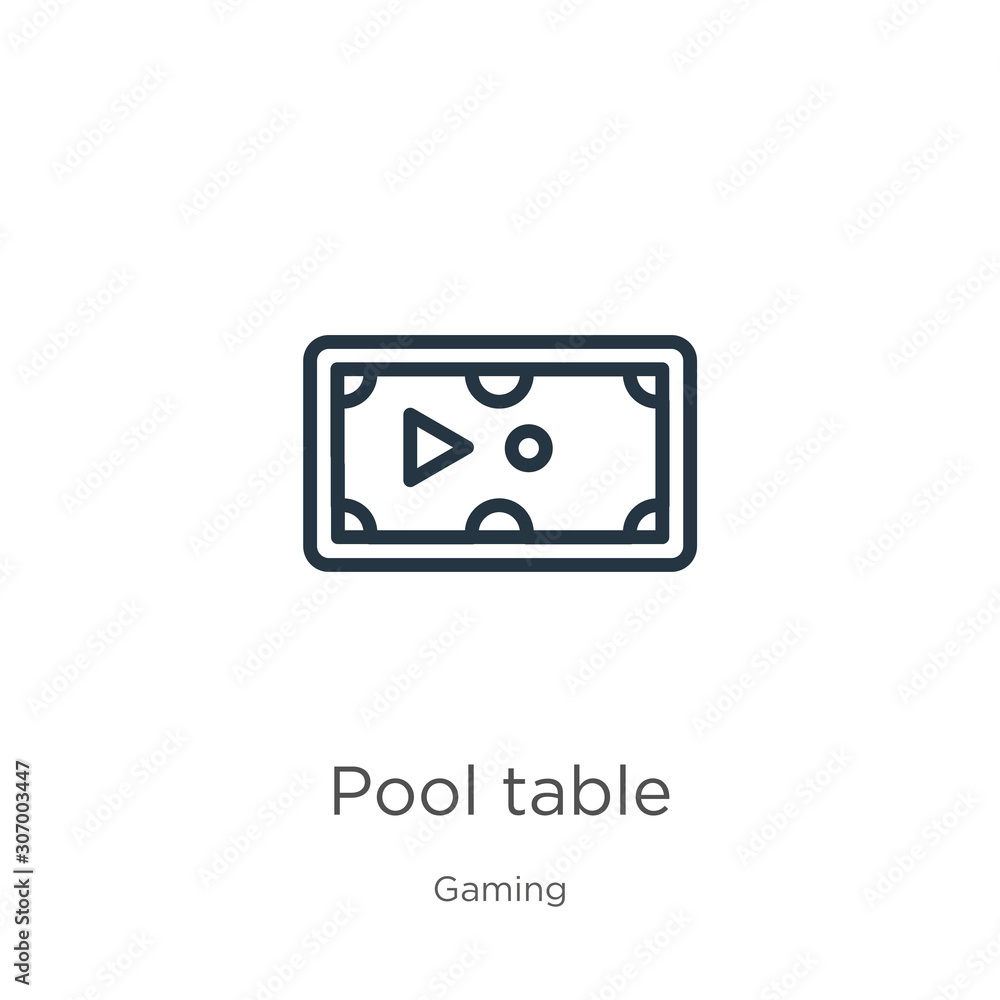 Poster pool table icon. thin linear pool table outline icon isolated on white background from gaming collec