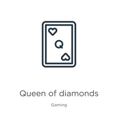 Queen of diamonds icon. Thin linear queen of diamonds outline icon isolated on white background from gaming collection. Line vector queen of diamonds sign, symbol for web and mobile