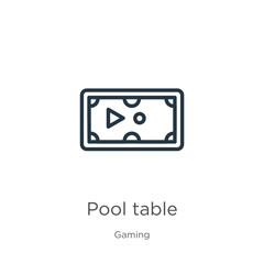 Pool table icon. Thin linear pool table outline icon isolated on white background from gaming collection. Line vector pool table sign, symbol for web and mobile